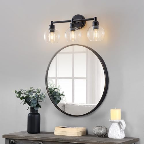 Yezgge Modern Black Bathroom Vanity Lights,3-Light Matte Black Bathroom Light Fixture with Clear Glass Globe Shades, Adjustable Brightness Vanity Lighting fixtures for,Kitchen,Bedroom,Hallway