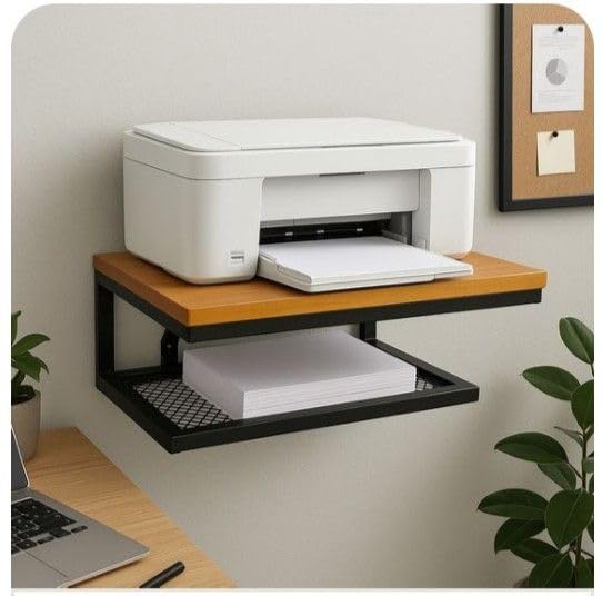 Image of Wall-Mounted Printer Stand with Storage Shelf, Wood and Metal, 2-Tier, for Home Office