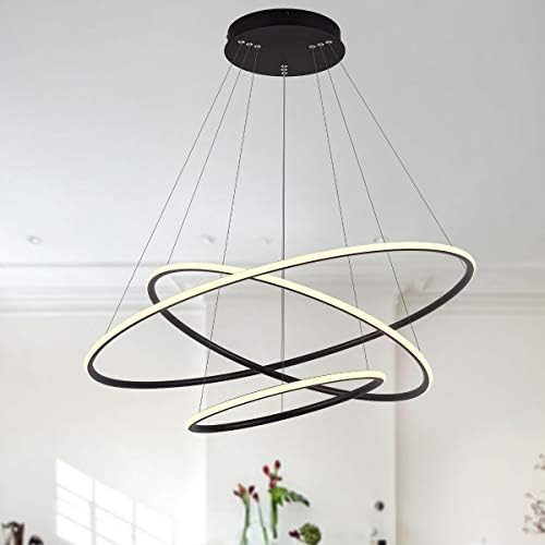 ROYAL PEARL Modern 3-Ring LED Chandelier Dimmable Contemporary Ceiling Light LED Pendant Light for Dinning Room, Living Room, Warm White, Black