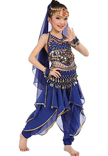 Astage Girls Oriental Belly Dance Sets Costumes All accessories Dark Blue M(Fits 6-8 Years)