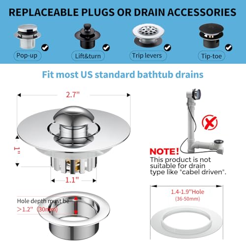 Bathtub Drain Stopper with Hair Catcher, Pop Up Tub Stopper Plug Cover with Filter Basket, Separate Design for Easy to Clean, Anti-Clogging, Universal for 1.4\"-1.9\" Hole - Thumbnail 6