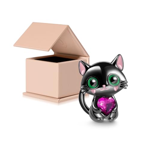 Image of GNOCE Black Cat Embraces Heart Gemstone Charm Bead Silver fit Bracelet /Necklace Jewelry Gift for Women Wife