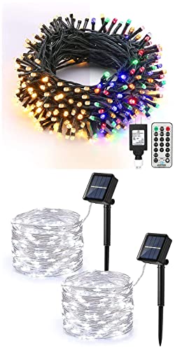 Brizled (Bundles) 200 Led Color Changing 11-Function Warm White & Multi Color Christmas Lights + 2 Pack 39.37Ft 120 Led Solar Fairy Lights Cool White #TOP8