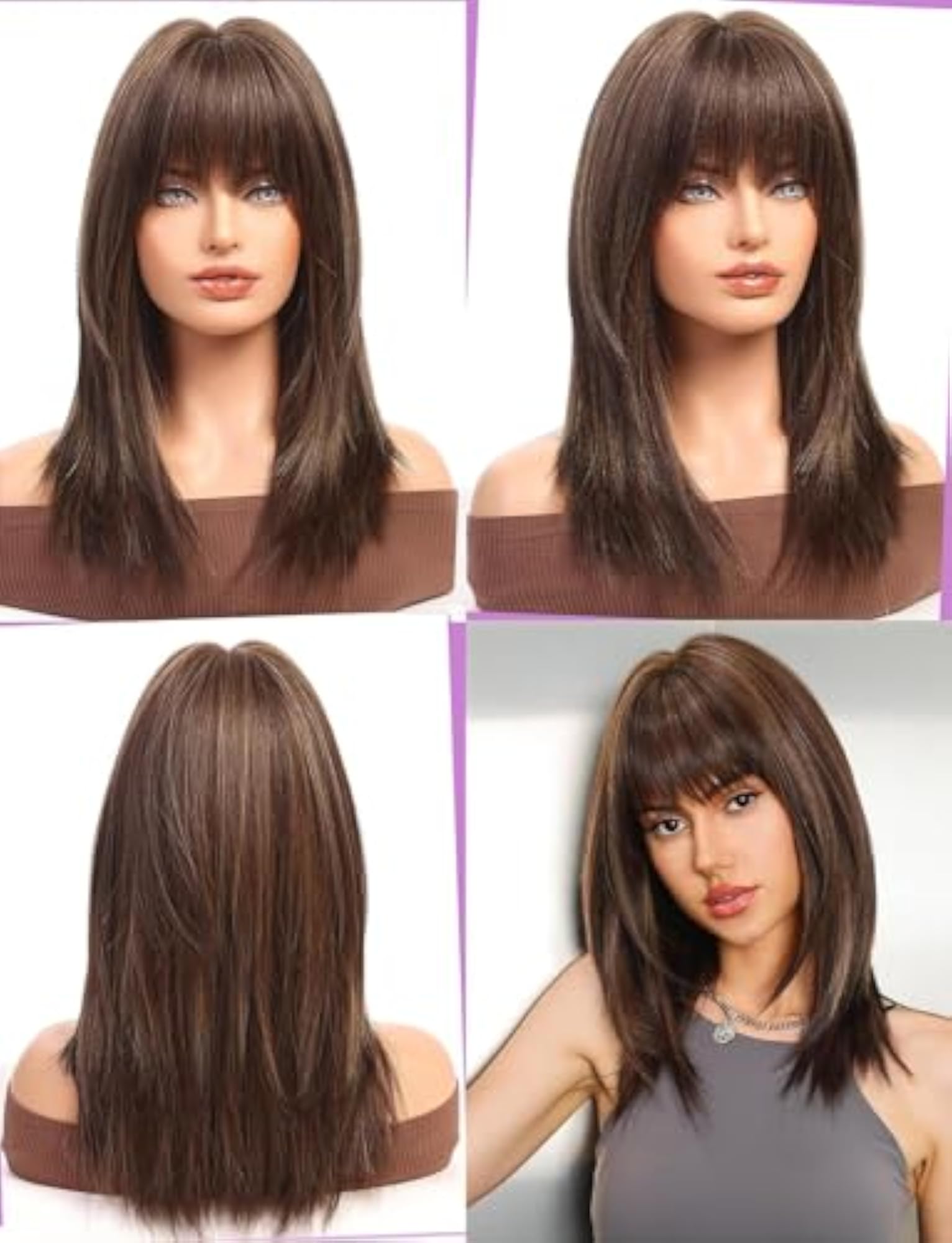 Brown Shoulder Length Wig with Bangs for Women, 22 Inch