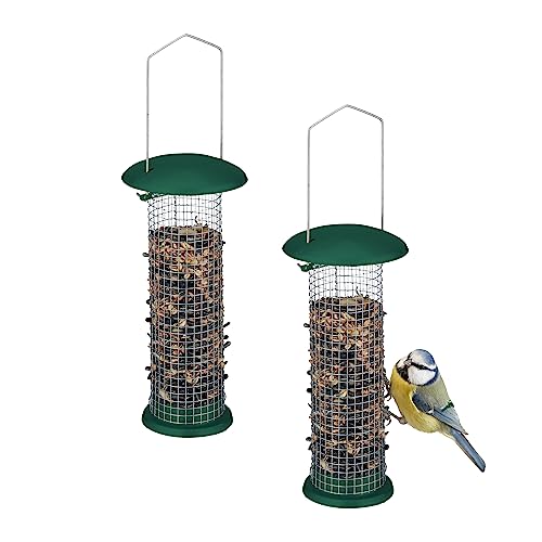 Relaxdays Vogelfutterstation 2er Set, zum Aufhängen, Futtersäule für Wildvögel, H x D: 31 x 10 cm, Metall, grün/Silber