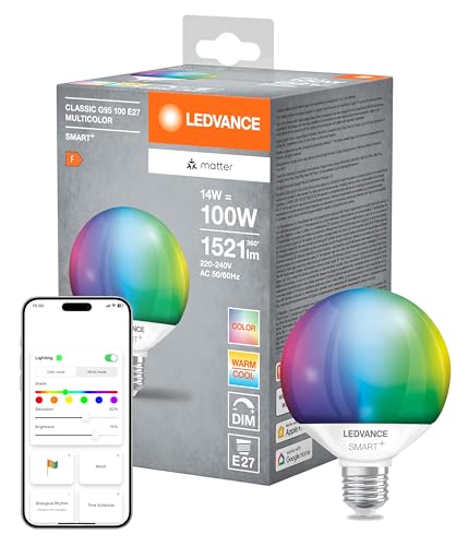 Ledvance Lampada Led Smart+ Matter, Smerigliata, 14W, 1521Lm, Forma a Globo E27, Luce Colorata e Luce Bianca, Compatibile con Google, Alexa, Apple, App o Controllo Vocale, Durata Fino a 20.000 Ore