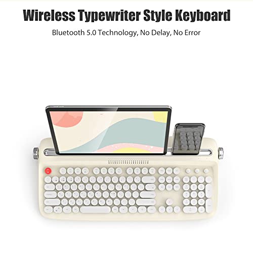 TISHLED Typewriter Keyboard Wireless Bluetooth 5.0 Retro Aesthetic Cute Kawaii Round Keycaps 106-Key with Num Pad Clicky Mechanical Feeling with Pad/Phone Holder for Windows/Mac OS/Android/iOS (Ivory) - Thumbnail 2