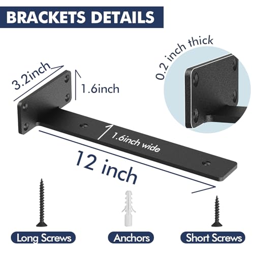 Image of Starunder 4 Pack Floating Shelf Brackets,12 inch Heavy Duty Industrial Shelf Bracket, Black Metal L Brackets for Shelves Support DIY(1 /5 Inch Thicked)