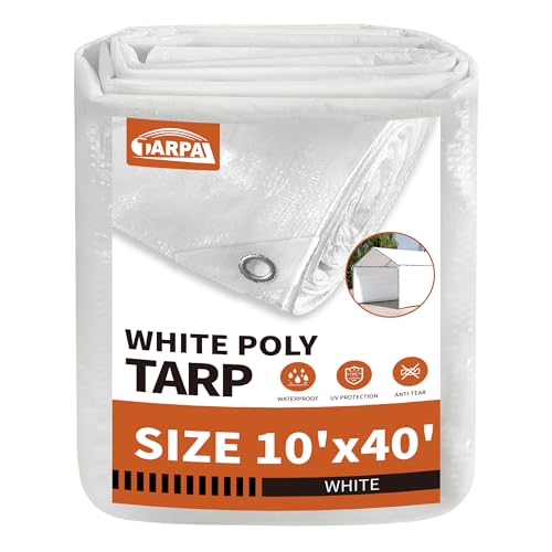 TARPAL 10x40 White Tarp Waterproof 7.5 mil Medium Duty All Purpose Poly Tarps Cover Waterproof Snow Proof UV Protection Rip and Tear Proof Poly Tarpaulin