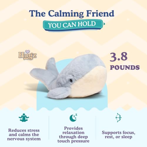 Image of Hugz Official Finn The Whale - Premium Weighted Stuffed Animal Plushie 3.8 lb for Adults & Kids - Microwavable - Heatable & Coolable - Super Soft Fur - Gift Ready Tube Packaging