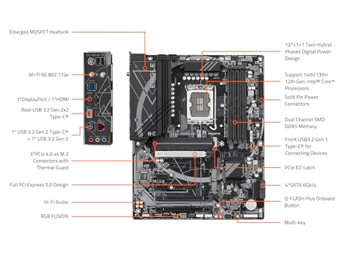 Image of GIGABYTE Z790 Eagle AX LGA 1700 ATX Motherboard, Support Intel Core 14th /13th /12th Gen, DDR5, 12+1+1 Power Phase, 3X M.2, PCIe 5.0, USB-C 3.2, WIFI6E, 2.5GbE, Q-Flash, EZ-Latch, RGB Fusion