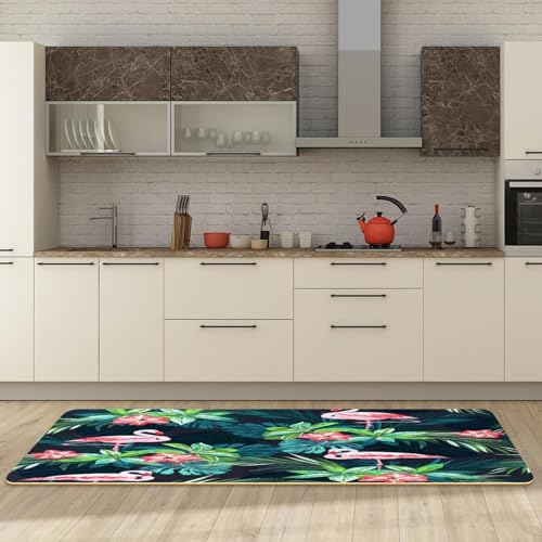 Tapete de cocina antideslizante con diseño de hojas tropicales y flamencos 3