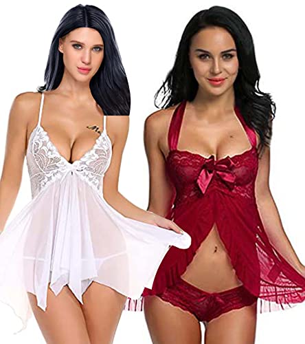 fihana Women's Net Above Knee Babydoll Lingerie for Elegant Honeymoon Sleepwear Nightwear Combo, Small to 3XL-picture-33