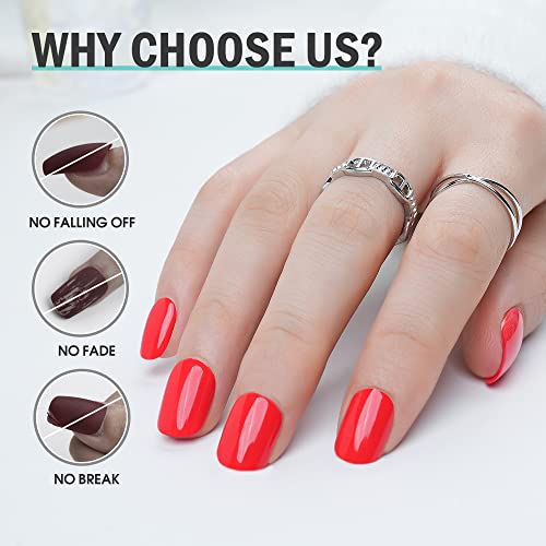Press On Nails Short Length, Jofay Fashion Neutral Square Solid False Nails Tips, Hot Red Short Full Cover Purefit Stick On Nails, 24Pcs Reusable Corally False Nails For Woman At Home 12 Sizes #TOP1