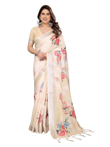 Image of Women's Zari Border Cotton Linen Printed Saree with Blouse