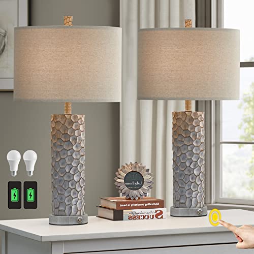 Pokat 3 Way Dimmable Touch Table Lamp Sets Of 2 For Living Room Bedroom Rustic Farmhouse Bedside Nightstand Lamp With 2 Usb Ports Bulb Included Grey #TOP4