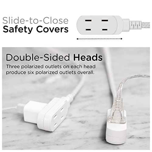 Cordinate Twin 3-Outlet Extension Cord, 12 Ft Braided Cord,2 Prong Power Strip, Slide-To-Lock Safety, Low-Profile Flat Plug, Polarized, Indoor, 2-In-1 Sofa Cord, Etl Listed, White, 67091 #TOP3