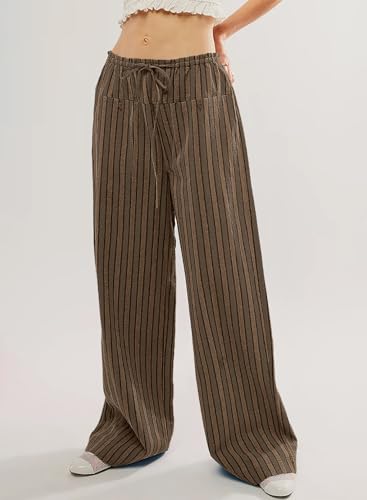 Acelitt Women Casual Drawstring Elastic Waist Loose Wide Leg Striped Pants with Pockets, S-XXL3