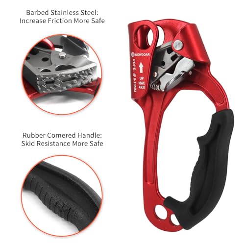 Image of NewDoar UIAA & CE Certified Hand Ascender Rock Climbing Tree Arborist Rappelling Gear Equipment Rope Clamp for 8~12MM Rope(Red)