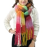 XIFRIKA Bufanda de Mujer para Invierno Tamaño XXL 248x39cm de Cuadros Rosa, Verde y Amarillo. Bufanda Suave, Cálida, Extragrande. 100% Poliéster con Flecos para Uso Diario