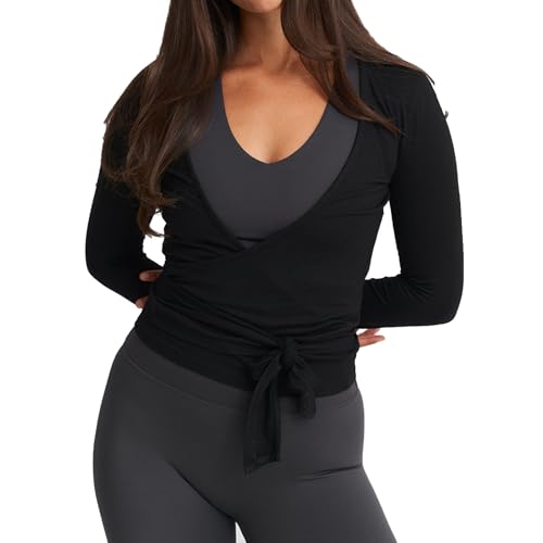 BABWWNIX Y2k Ballet Pilates Wrap Top for Women Long Sleeve Deep V Neck Tie Front Workout Yoga T Shirt Blouses Sports Tops (C-Black, M)