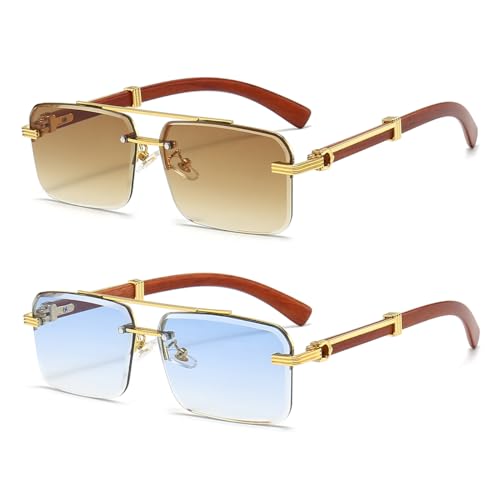 Gleyemor Mens Sunglasses Fashion Rimless Rectangle Sunglasses Square Frameless Sunglasses for Men (Gradient Brown+Gradient Blue)