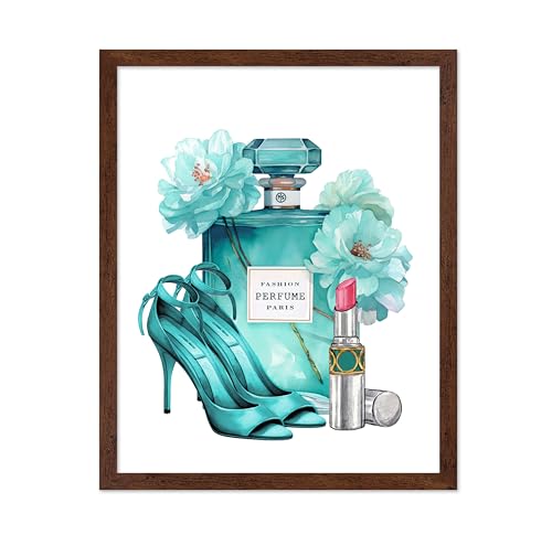 Image of Poster Master Turquoise Blue Designer Print - Fashion Poster - Shoes, Lipstick & Perfume Art - Chic Gift for Women & Fashionista - Glam Decor for Bedroom or Girl's Room - 8x10 Brown Framed