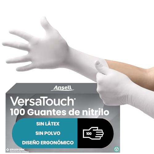 Ansell VersaTouch 92-205 Guantes Nitrilo Desechables, Multiuso, Alimentos, Cocina, Limpieza, Mecanico, Sin Polvo, Blancos, Talla M (100 Guantes)