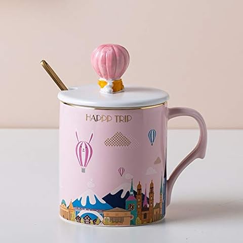 Anjiyoyo Balloon Castle With Covered Spoon Coffee Cup,3D Cartoon Ceramic Cup, Creative Lovers Cup, 14-ounce Office Milk Cup, The Best Creative Gift Cover