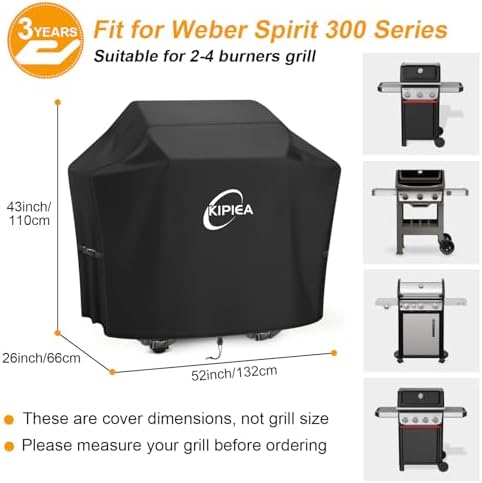 Kipiea 52-Inch Heavy Duty BBQ Cover for Weber Spirit 300 Series Grills, Including Spirit E-310, E-330 & S-315, 500D Waterproof Grill Cover with Windproof Buckles, UV Resistant, No Tear, No Fading — view 2