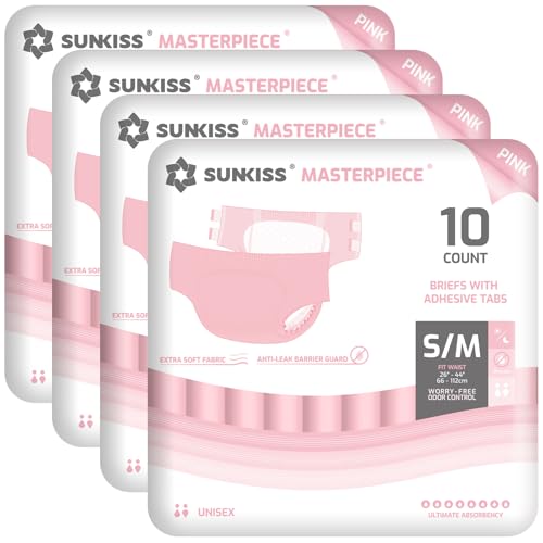 Image of SUNKISS Masterpiece Adult Diapers with Tabs, Unisex, S /M, Pink, 40 Count | Ultra High Absorbency, Plastic-backed Briefs, Refastenable Tabs, Odor Control, Leak Protection for Daytime & Overnight Use