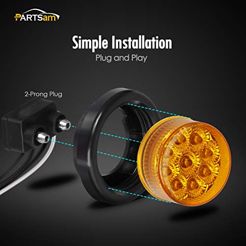 Partsam 2Pcs 2 Inch Round Truck Trailer Led Side Marker Clearance Light Amber 9 Diodes With Reflectors Sealed Waterproof 12V 2 Inch Round Led Side Fender Panel Lights With Grommets And Wire Pigtail #TOP3