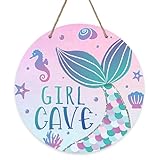 Bolisom Girl Gave Ocean Mermaid Front Door Sign, Pink Coastal Wood Door Hanger Outdoor Outside Porch Nursery Decor, Beach Kids Baby Girl Room Wooden Wreath Indoor Wall Hanging Decoration