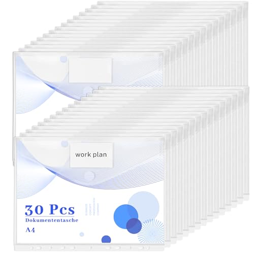 A4 Dokumententasche 30 Stück Transparent Dokumentenmappe mit 11 Löchern Wasserdicht Sammelmappen mit Klettverschluss Etikettentasche Mappen A4 für Dokumente Organisieren