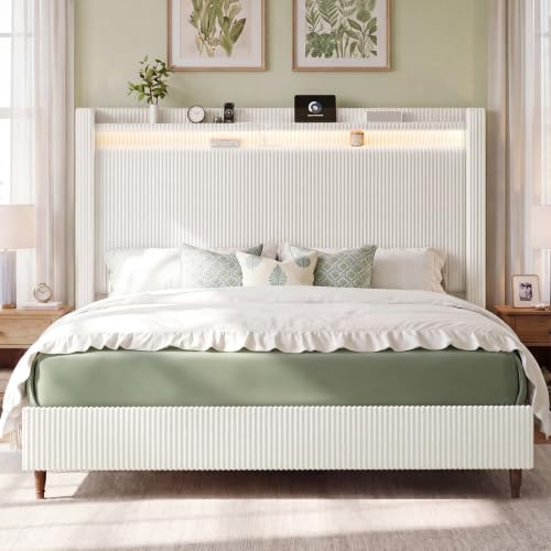 Image of Queen Size Bed Frame with 55.3 inch Tall Headboard, Corduroy Upholstered,Cream