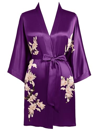 BABEYOND Kimono Robe Cover up Short Satin Floral Silky Kimono Blouse Loose Bachelorette Party Robe