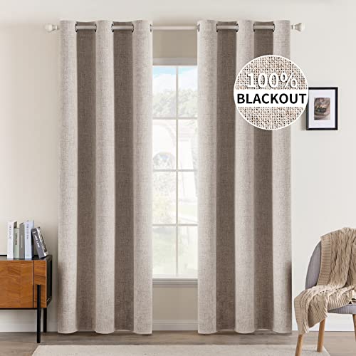 Image of MIULEE Linen Blackout Curtains and Drapes 100% Room Darkening Thermal Insulated Grommet Window Panels with Coating 2 PCs W 42 x L 90 inches Khaki