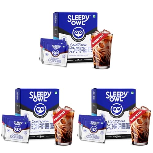 Image of Sleepy Owl Assorted Cold Brew Coffee Bags | 5 Delicious Flavours - French Vanilla, Dark Roast, Cinnamon, Hazelnut, Original | Easy 3 Step Overnight Brew - No Equipment Needed | Makes 15 Cups | 100% Arabica