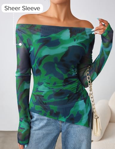 ZESICA Women's Floral Mesh Long Sleeve Going Out Tops 2025 Fall Sexy Off The Shoulder Blouse Asymmetrical Date Night Shirts2
