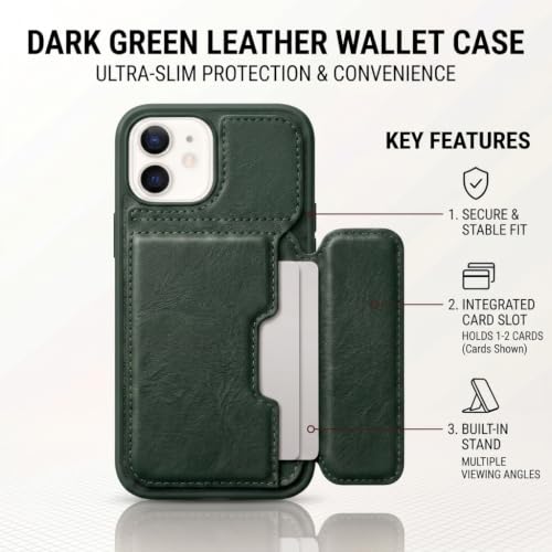 Image of amazon basics Luxury Vegan Leather Back Cover for iPhone 12 Pro | Built-in Card Holder Slot | Integrated Mobile Stand | Slim Shockproof Protective Case with Stitched Finish - Green