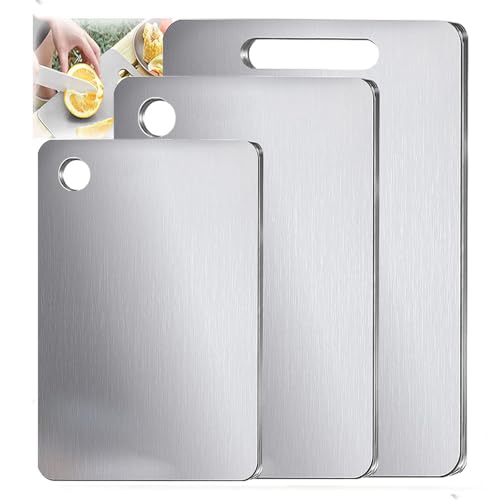 100% Pure Titanium Cutting Board Set of 3, Food-Grade Titanium Cutting Boards for Kitchen Dishwasher Safe, Double-Sided Metal Charcuterie Chopping Board Mat for Meat, Cheese & Fruit (M+L+XL)