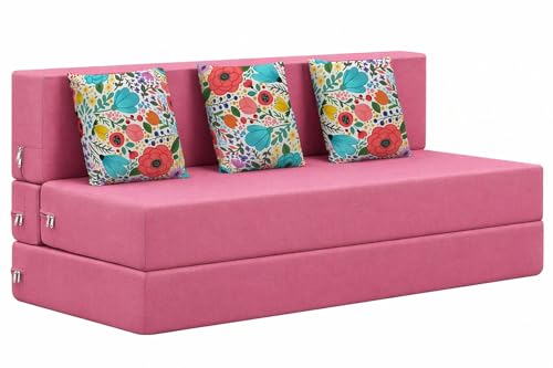 Image of Rosebell Foldable 3 Seater Sofa Cum Bed, Printed Sofa Bed 5X6 Feet, Washable Cover- Perfect for Home & Office - Rose Pink Color for Home