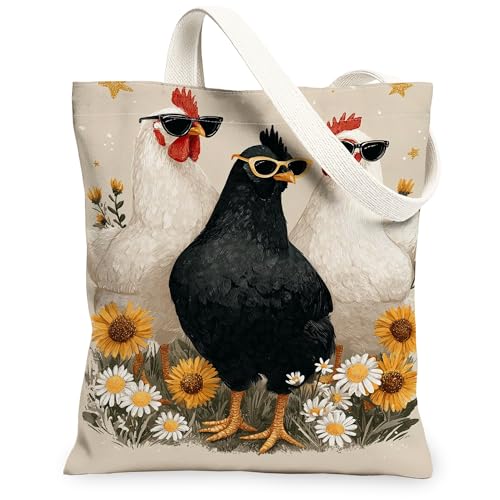 Bolsa de lona para mujer, diseño de pollos, para gafas de sol, girasoles, color negro, lavable, reutilizable, para compras, brunch, parque, biblioteca, excursiones, 13 x 15 pulgadas