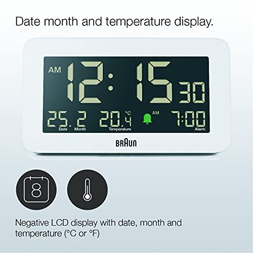 Braun Digital Alarm Clock With Date, Month And Temperature Displayed, Negative Lcd Display, Quick Set, Crescendo Beep Alarm In White, Model Bc10W. #TOP1