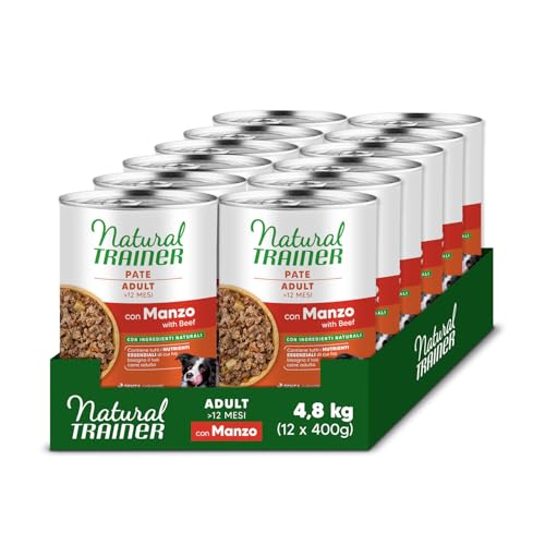 Natural Trainer Medium-Maxi Cibo Umido per Cani Adulti - Paté con Manzo 12 x 400g