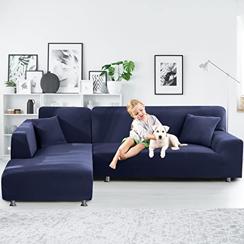La Meack Super Stretch Sofa Covers For Sectional Sofa Set, L Shape Washable Couch Covers, 2Pcs Slipcovers Protector With 2Pcs Pillowcases For Dog Cat Pets Kids (3 Seat Sofa + 3 Seat Chaise, Navy) #TOP1