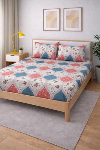 Image of 350 TC Premium Heavy Cotton Feel Elastic Fitted Bedsheet King Size with 2 Pillow Covers || Double Bed with All Around Elastic (Pink Eka, Fitted Queen-60x78)