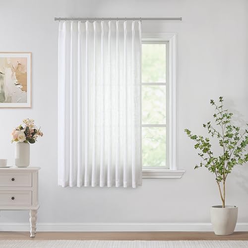 Image of Vision Home White Pinch Pleated Semi Sheer Curtains Textured Light Filtering Window Curtains 72 inch for Living Room Bedroom Patio Rayon Blended Pinch Pleat Drapes with Hooks 1 Panel 60 inch Wx72 L