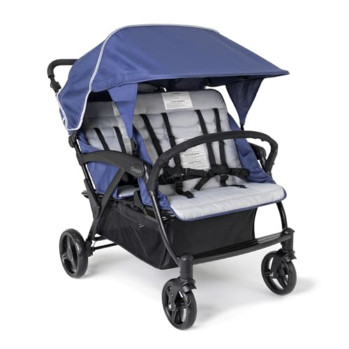 Gaggle by Foundations Odyssey 4 Seat Quad Stroller | 4-Seat Stroller for Daycare | Oversized Canopy and Bench Seats | 5-Point Harness | Foot Brake | All Terrain Tubeless Wheels | Blue