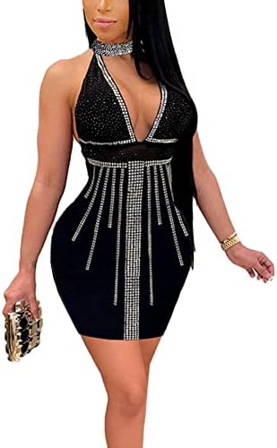 Sexy Club Dress for Women Choker Neck Sleeveless Backless Rhinestone Bodycon Mini Party Date Night Birthday Dress Black L